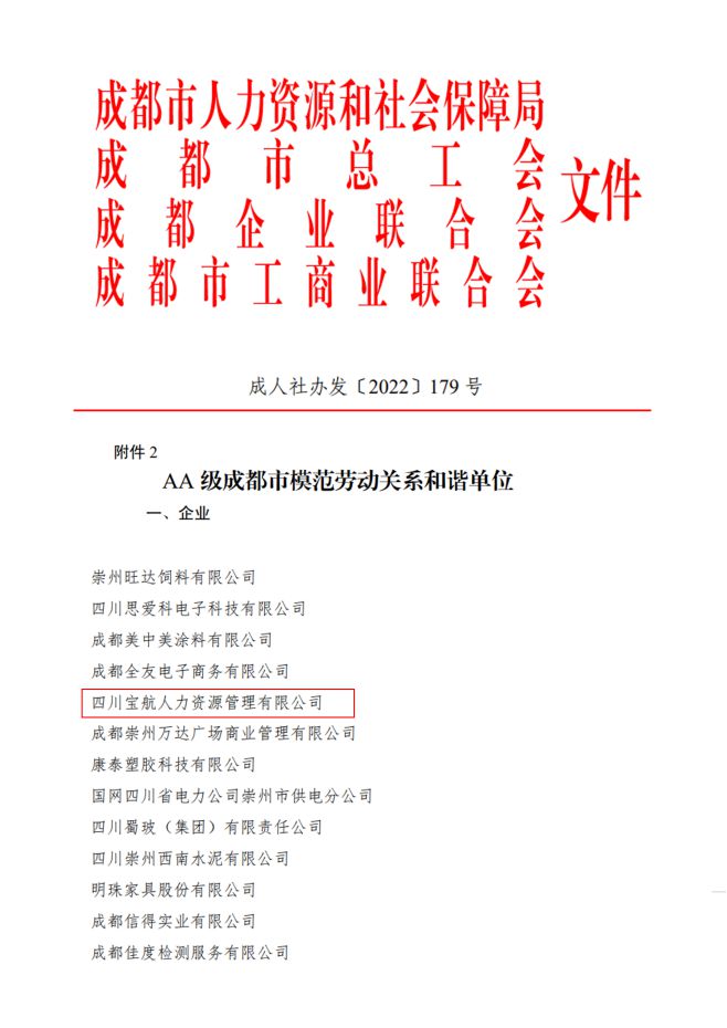 喜報(bào)|寶航人力集團(tuán)榮獲AA級(jí)成都市模范勞動(dòng)關(guān)系和諧單位